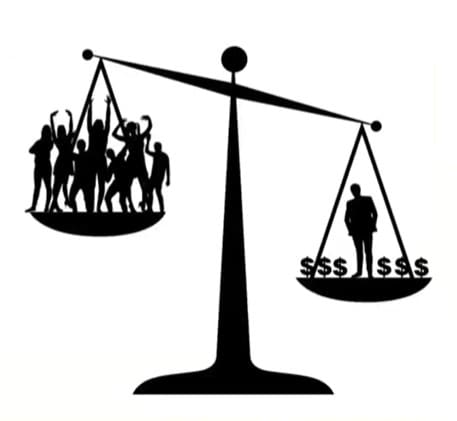 A black and white picture of people on one side of the scale.