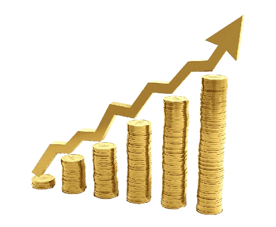A picture of some stacks of coins with an arrow going up.
