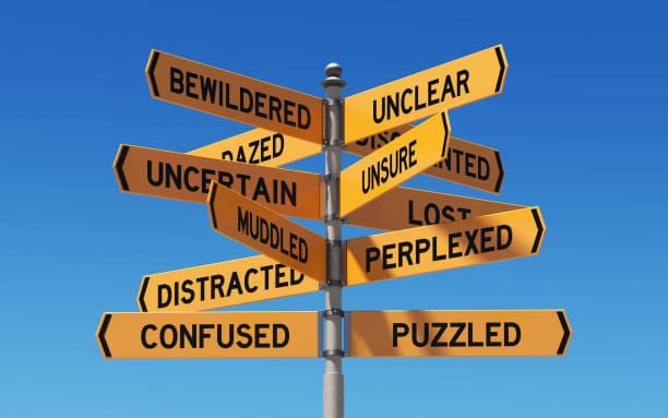 Directional arrows labeled uncertain, bewildered, puzzled