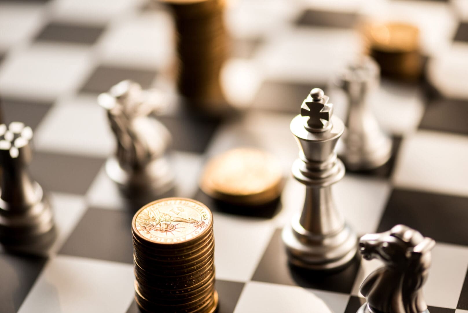 A chess board with coins and a pawn on it.