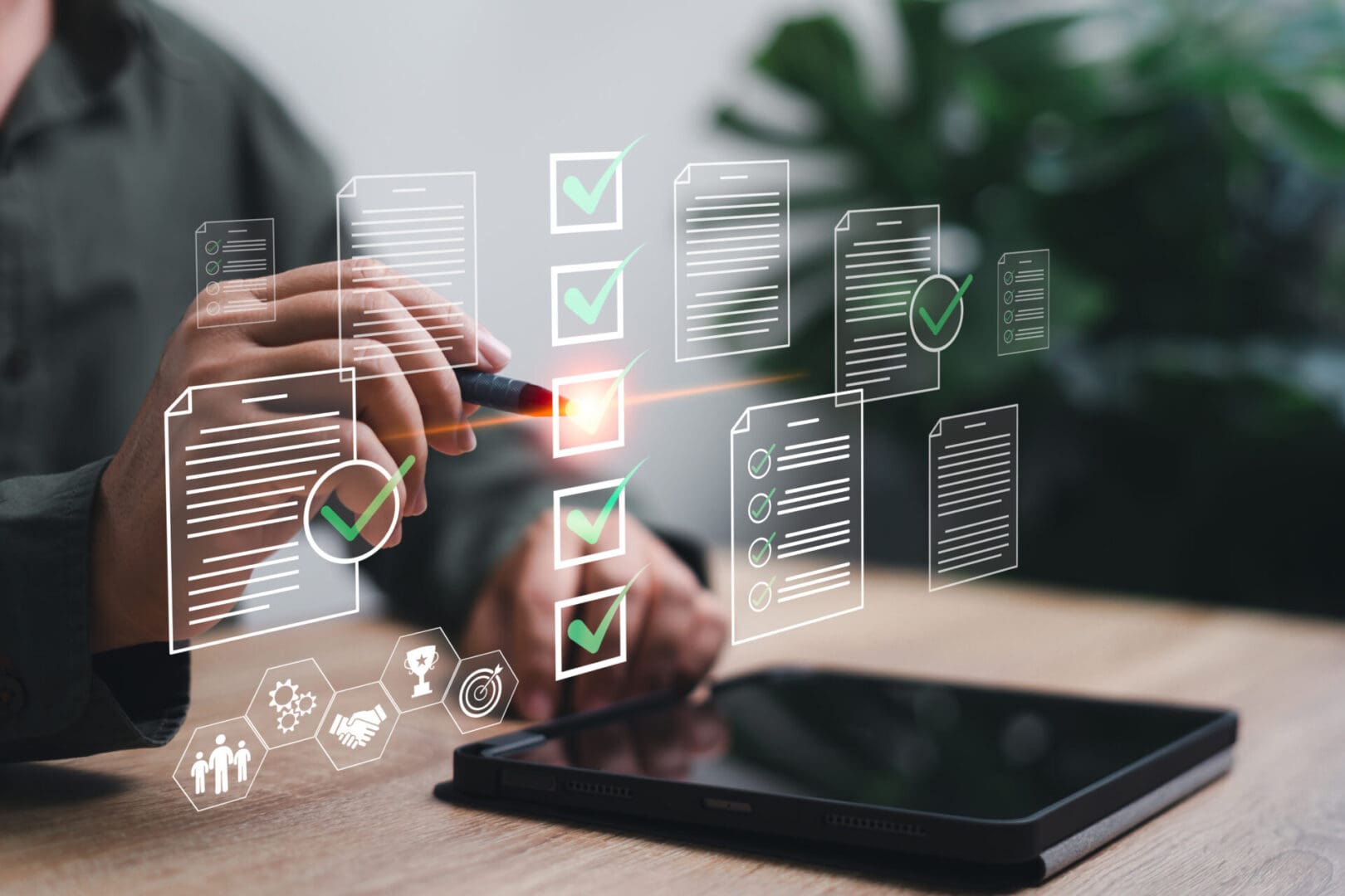 Digital checklist and document management concept, Businessman use tablet check on check block document management efficiently modern technology in using online documents paperless operate A person is using a tablet to check the content.